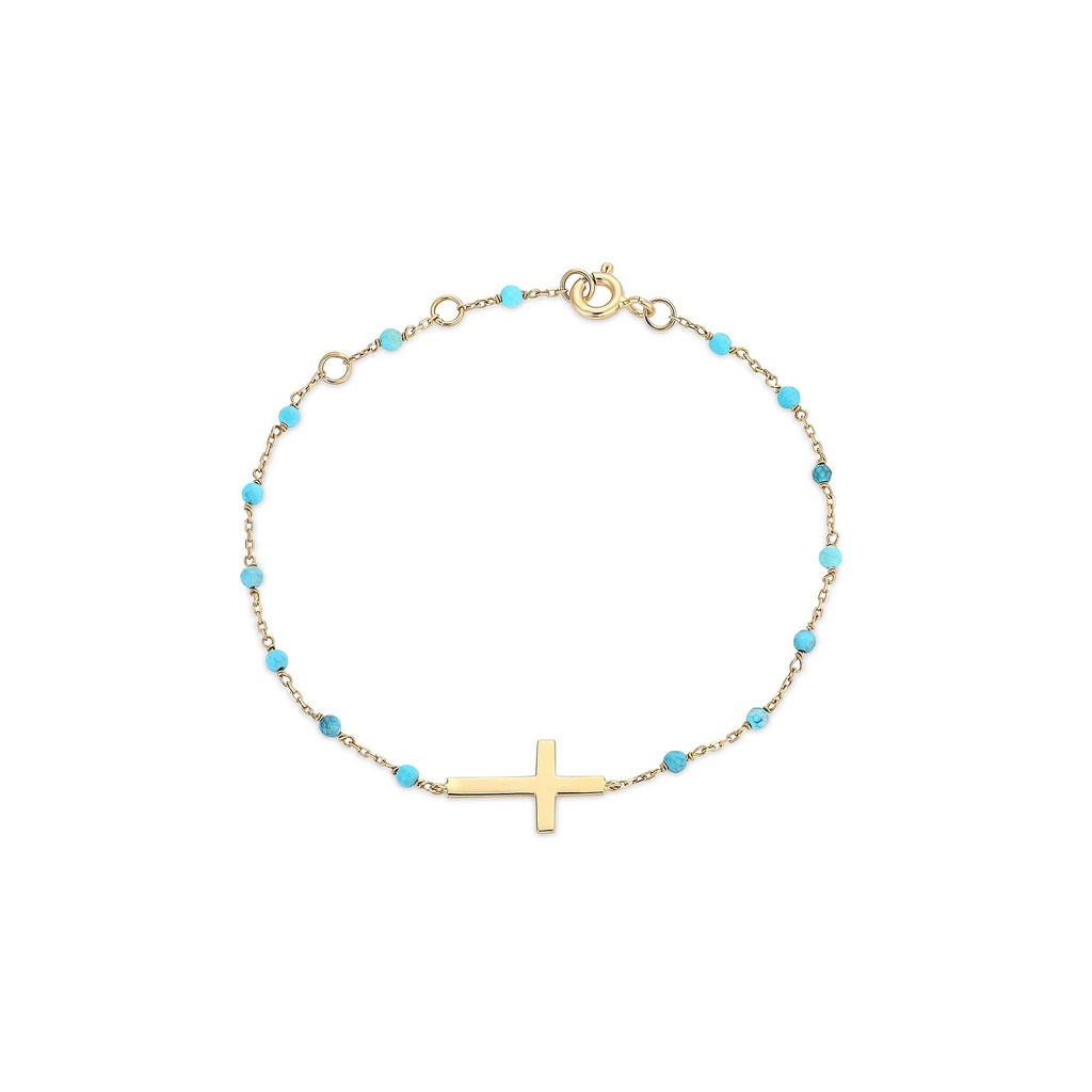 Blue Bead Bracelet with Gold Cross