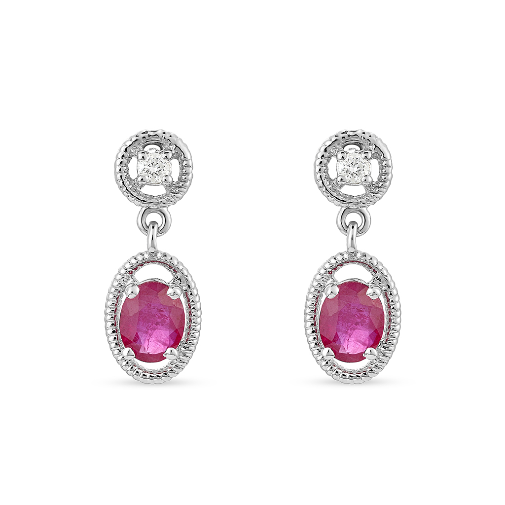 Drop Down Oval Diamond and Ruby Earrings