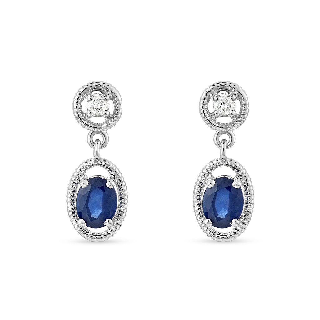Drop Down Oval Diamond and Blue Sapphire Earrings